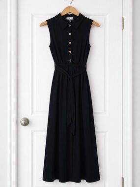 Boutique Sleeveless Black Maxi Shirt Dress with Waist Tie Sz L/XL